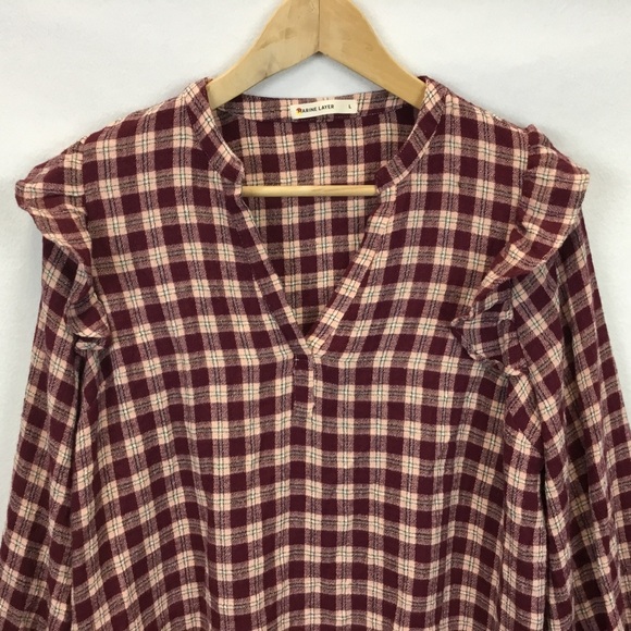 Marine Layer Jamie Ruffle Sleeve Plaid Top Burgundy Cream Size L Preppy Bohemian - Picture 3 of 8